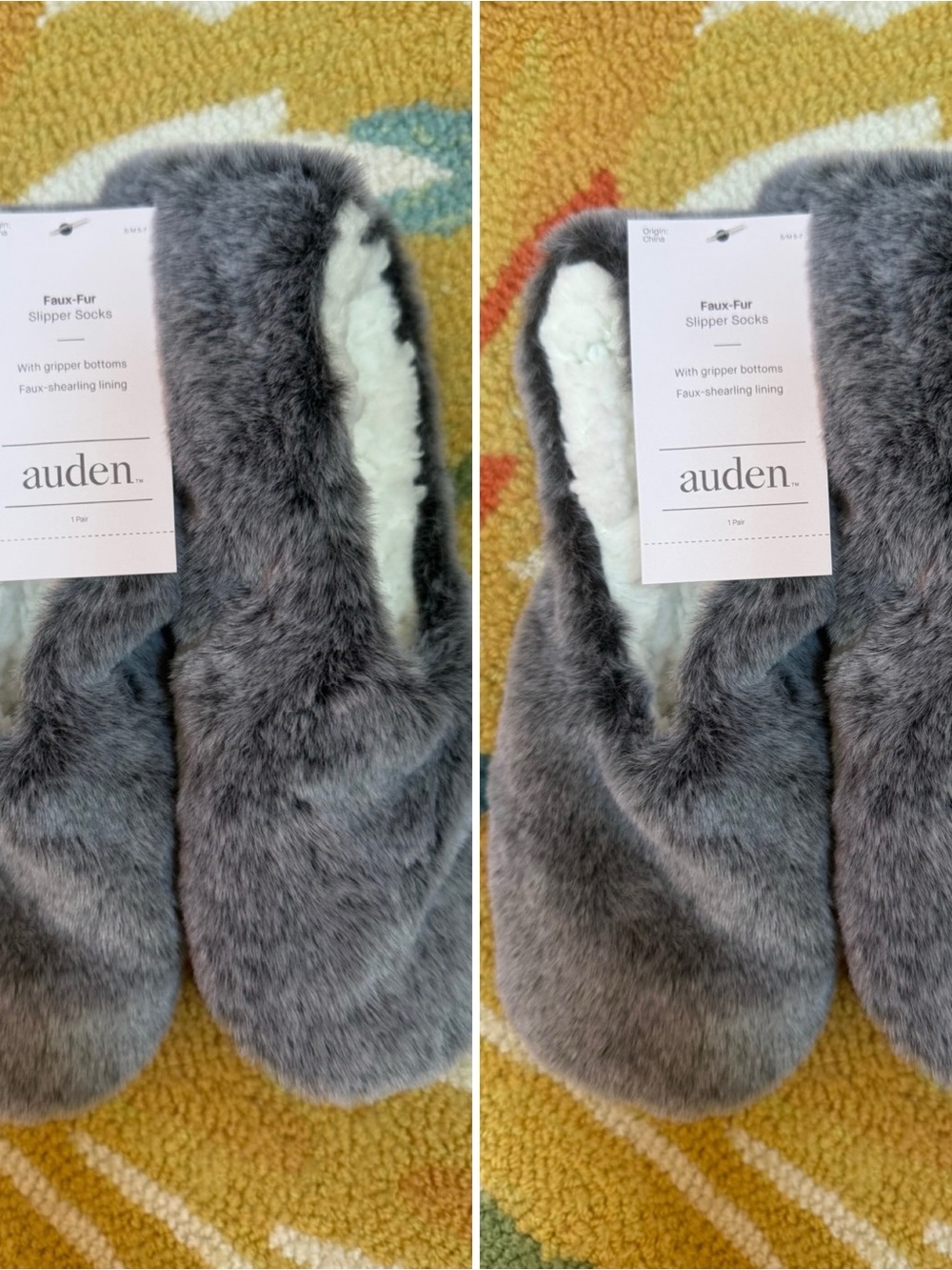 Two pair of Auden gray and white fuzzy slippers (best fit up to 7/8)